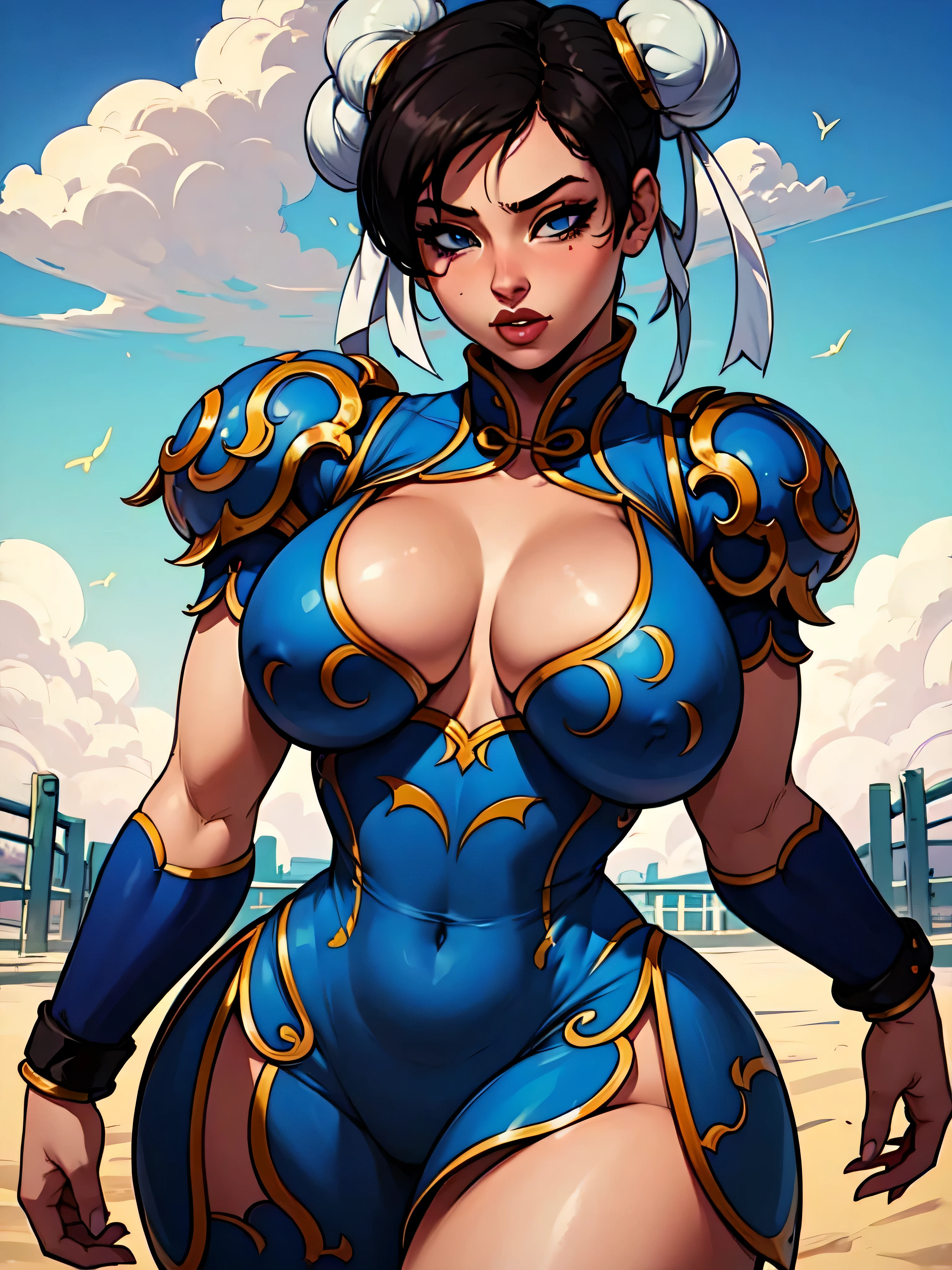 ((Chun li)), 1 Girl with short black hair, blue eyes, perfect face, voluminous body and slightly thin hips, she is in an amusement park alone, ((perfect body)), ((work of art)) , ((best quality)), (detailed)