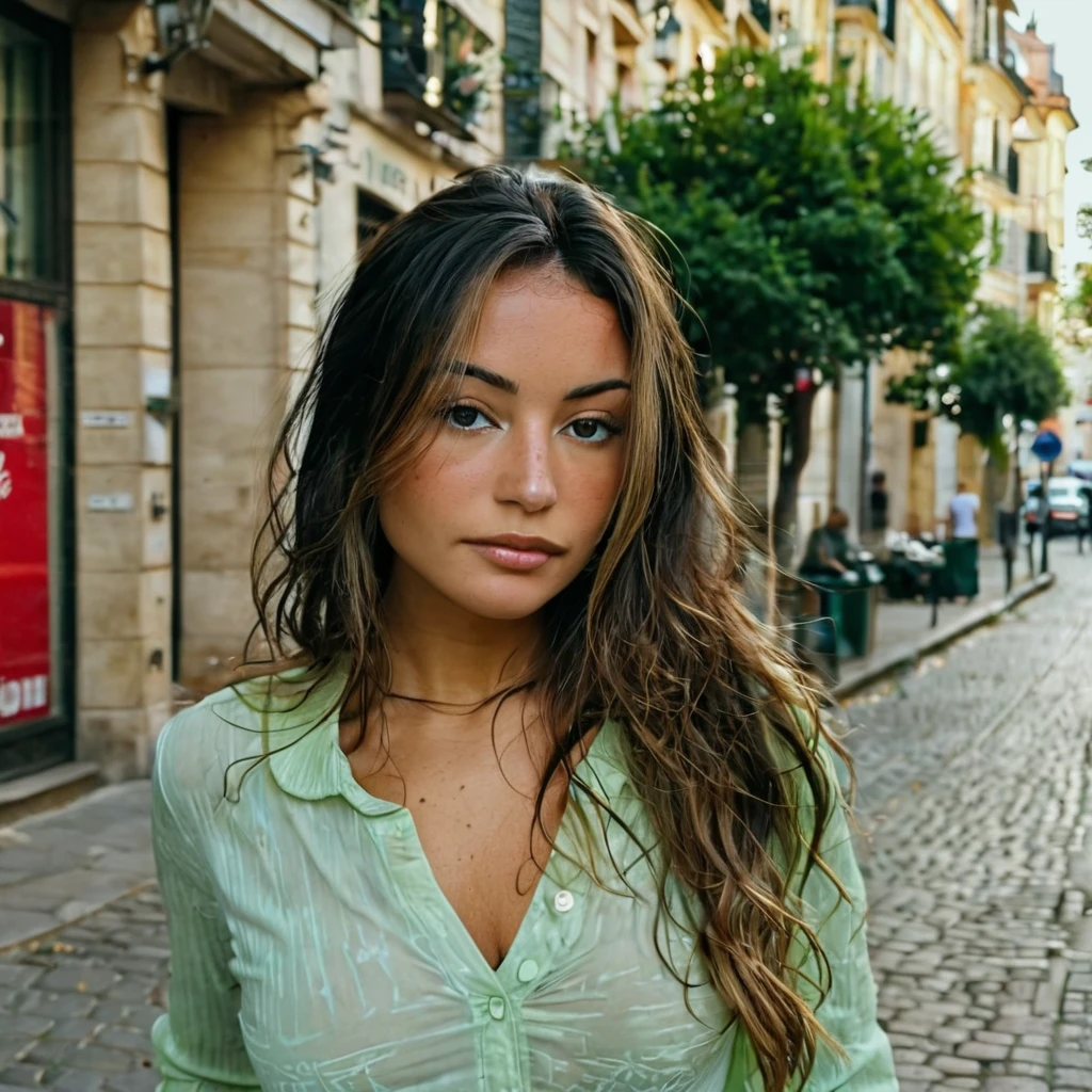 Texture de la peau, sans maquillage, Super high res 0.5x portrait photo oF an pretty woman in street with long slightly wavy hair,wearing a light green shirt , ,F /2.8, canon, 85mm,cinématique, haute qualité,regarder le spectateur, high quality picture,