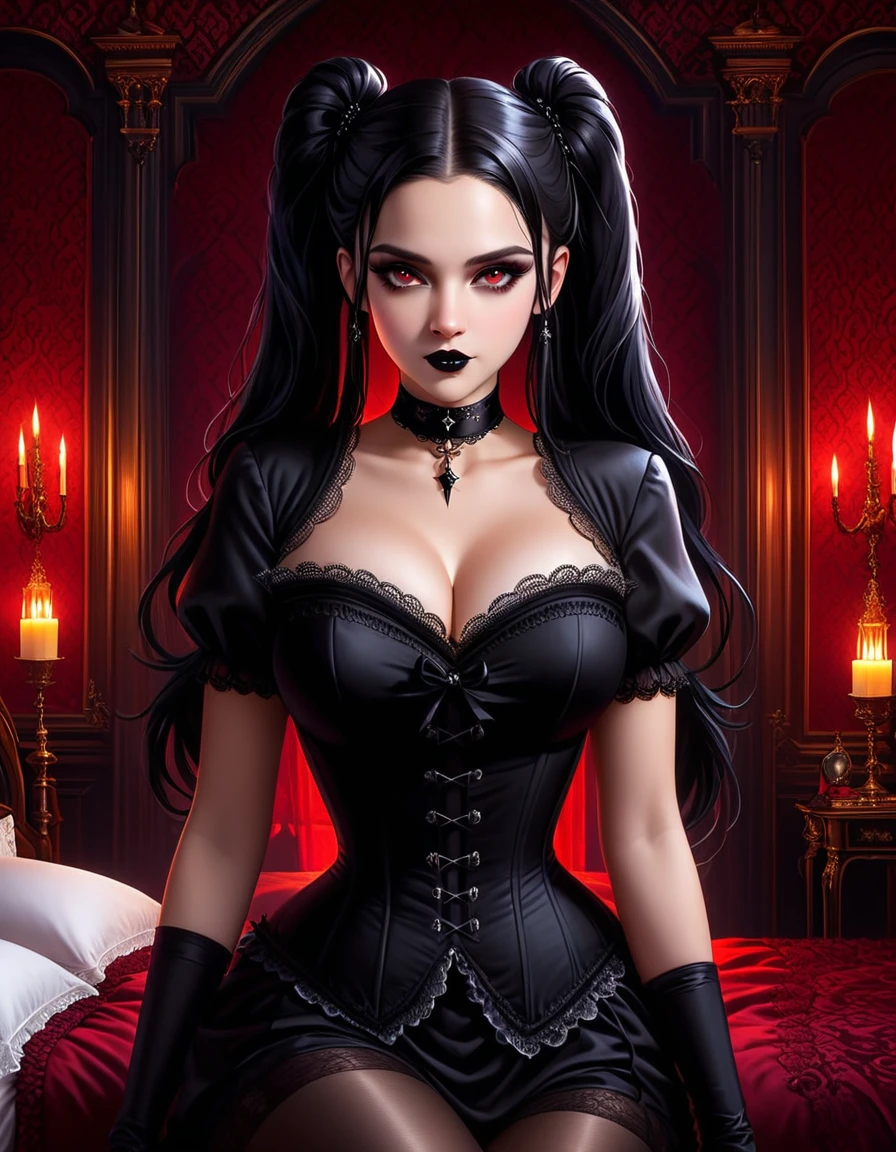 A young woman with long black hair styled in two braids and wears minimal makeup with dark eyeliner, black lipstick, sexy goth, Wednesday Addams (Jenna Ortega). Jenna Ortega as Wednesday Addams. The setting is a old Victorian bedroom with McCabe ornate decorations with a (Duotone {red and black]) silk bedspread. Painting on the wall of famous monsters taking a family photo. She is wearing black ornate fabric choker, black corset, black short feathered dress with black stockings. A peculiar, lifelike severed hand is placed on the bed next to her, adding an element of mystery. The lighting is eerie, coming from an unseen source, creating a since of mystery and intriguing atmosphere. Hyper realistic photo, vibrant colors, 16k.