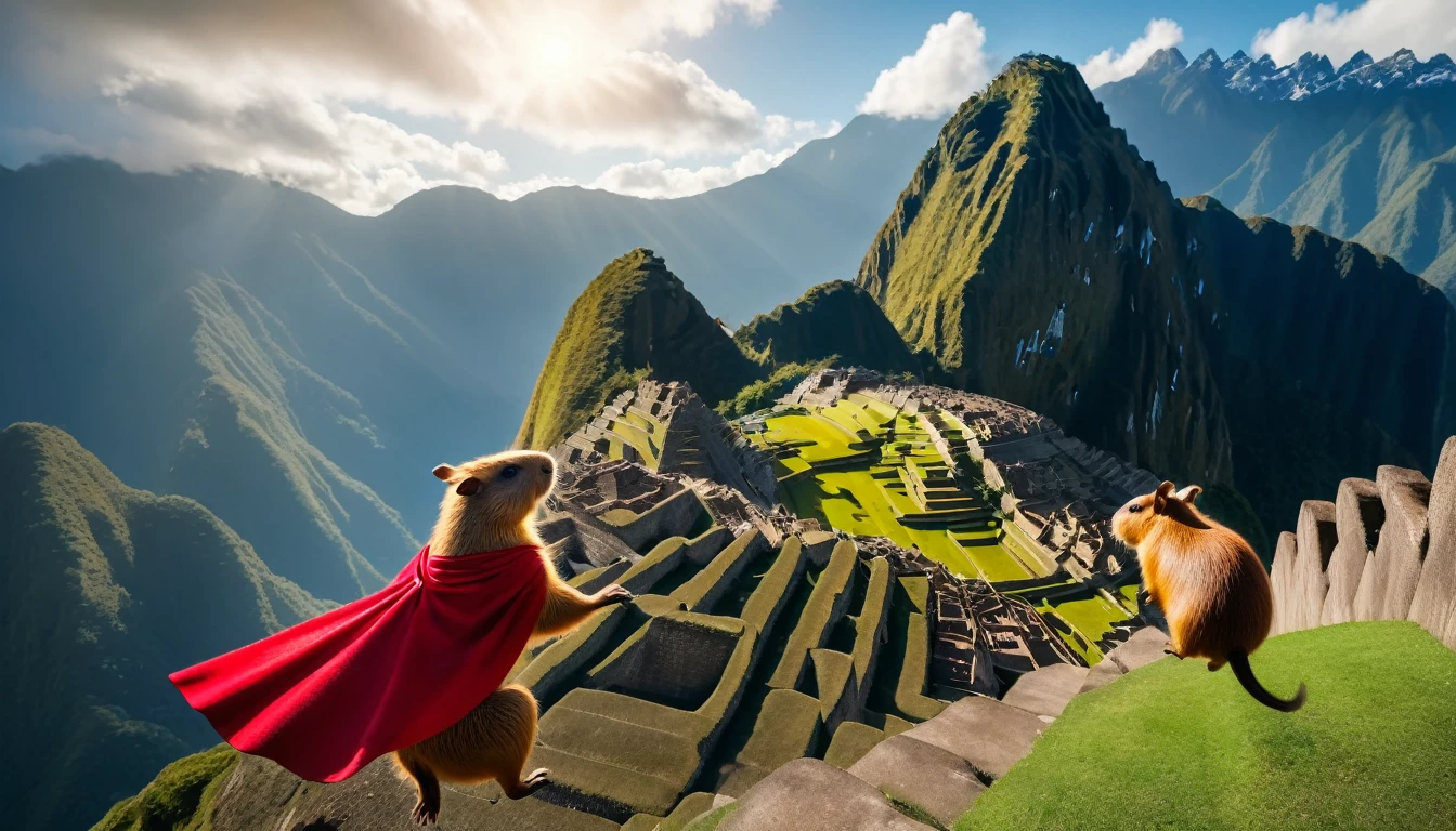 photo of a flying superhero capybara in red cape fetching guinea pigs mid air above Machu Picchu, highly detailed, cinematic lighting, dramatic composition, 4k, masterpiece, flying