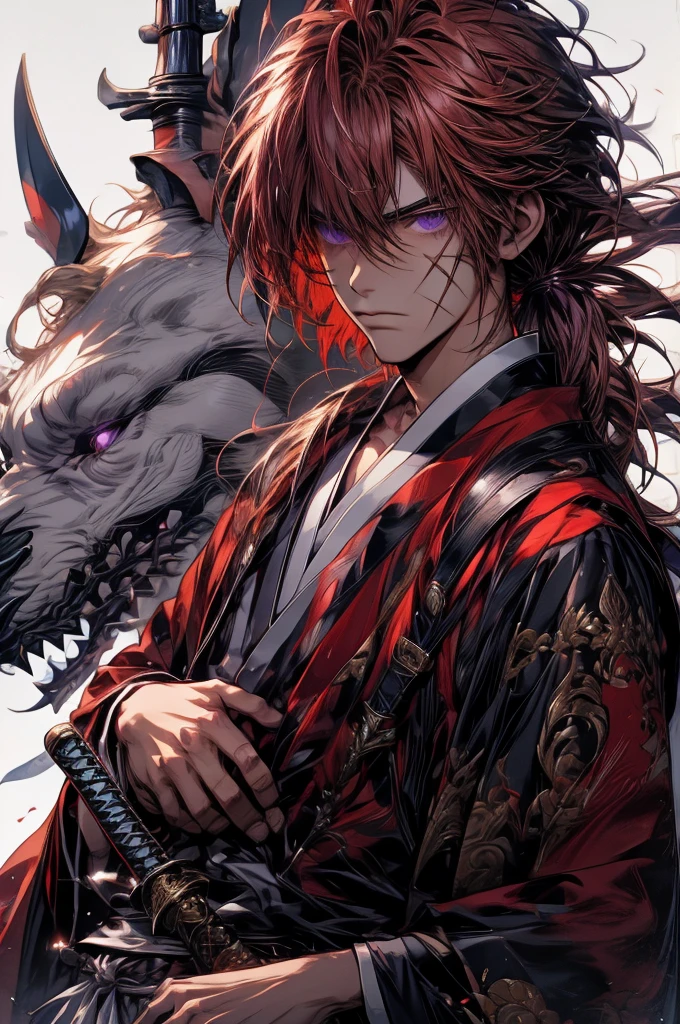 kenshin rk, solo, long hair, looking at viewer, simple background, long sleeves, 1boy, white background, holding, hair between eyes, closed mouth, purple eyes, collarbone, ponytail, weapon, male focus, japanese clothes, sword, wide sleeves, kimono, holding weapon, sketch, scar, holding sword, katana, sheath, hakama, scar on face, sheathed, serious, red kimono, scabbard, unsheathing, scar on chest, ready to draw