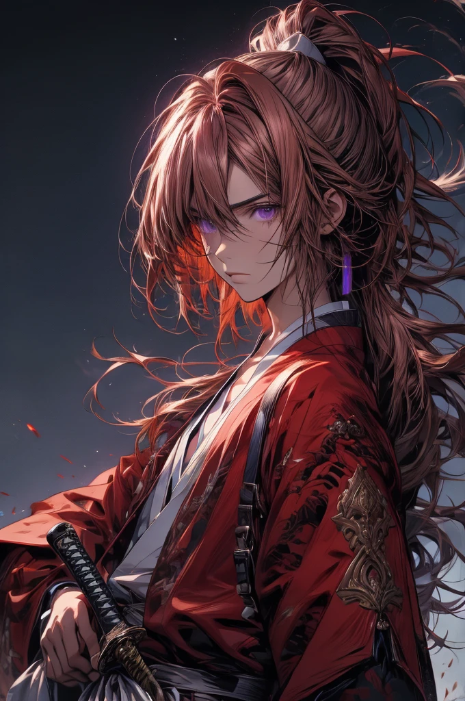 kenshin rk, solo, long hair, looking at viewer, simple background, long sleeves, 1boy, white background, holding, hair between eyes, closed mouth, purple eyes, collarbone, ponytail, weapon, male focus, japanese clothes, sword, wide sleeves, kimono, holding weapon, sketch, scar, holding sword, katana, sheath, hakama, scar on face, sheathed, serious, red kimono, scabbard, unsheathing, scar on chest, ready to draw