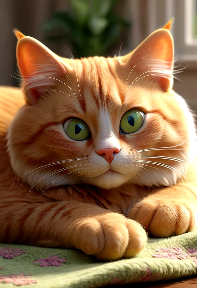 Whiskers, the orange tabby cat with bright green eyes, lounging lazily on a fluffy rug in a cozy living room.