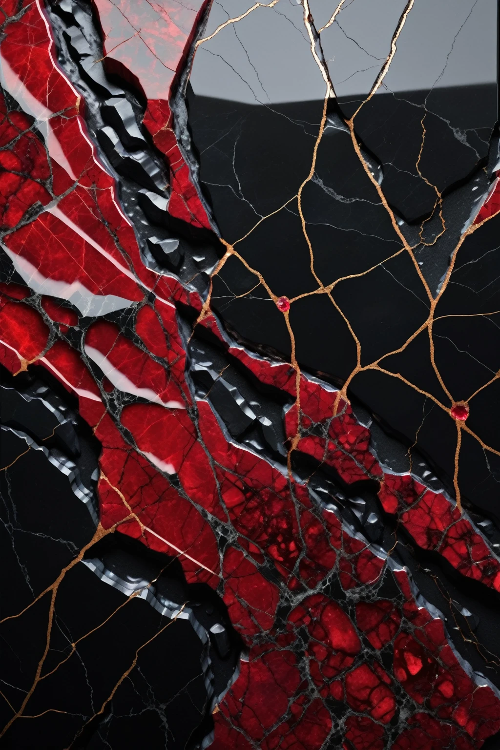 A beautiful abstract image of fractured black marble with red ruby shards embedded in between the cracks. The black marble is depicted with a glossy, polished surface, showing intricate veins and textures. The cracks create a dramatic pattern, each filled with sparkling ruby shards that catch the light and add a vibrant red contrast against the deep black background. The overall effect is luxurious and striking, with the ruby shards appearing as if they are naturally embedded within the marble, creating a sense of depth and richness in the composition, highly detailed, intricate design, marble material, BY Anne Bachelier,