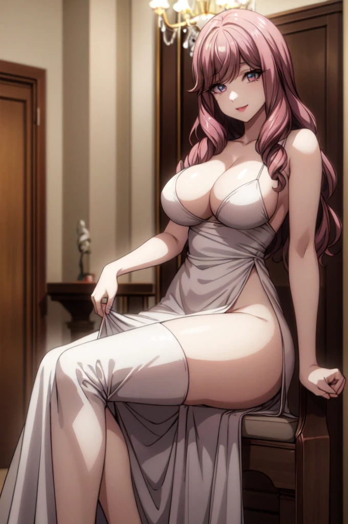 perfect eyes:1.2, detailed eyes:1.4, hall, smile, chandelier, sitting, Kurayoshi_R, cleavage, ?????????????, ???, white dress, pelvic curtain, long dress, medium full shot, thigh-level shot, 1girl,(masterpiece:1.6, best quality),