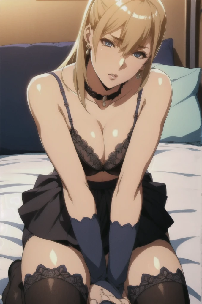 ((Correct Anatomy))、(Female student)、(( pose))、((Lace bra))、(Mini Pleated Skirt),(((Black Stockings))),((Lace panties)),((Sleep on your back on a luxurious bed)),Ultra-high resolution,Mature Woman, Mature Woman, Very detailed,Sunburned skin,Brown Skin, (Small breasts),((Beautiful feet)),Perfect hands, Detailed fingers, Beautiful details, ((Long blonde hair)),((ponytail)),Black Choker, Earrings,Perfect Eyes, Captivating eyes,Spread your legs wide