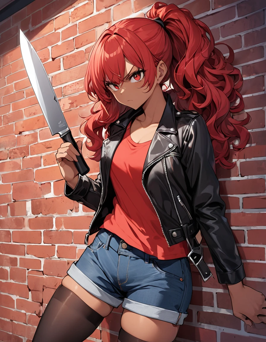 BREAK Perfect Anatomy、Highest quality、(cute:1.1)、(cute)、(High resolution:1.2)、Unbelievably absurd:1.3、Incredible illustrations、(cuteイラスト:1.2)、（Beautiful background、Late Night、Red brick wall）、1gial(Red hair、strong wavy hair、ponytail,height 1.4meters, slender 28kg,Dark Skin:1.3）
,（Red Tank Top、leather jacket、Short denim、Thigh-high stockings）Holding a large knife in his hand、Against the wall、Glaring at me