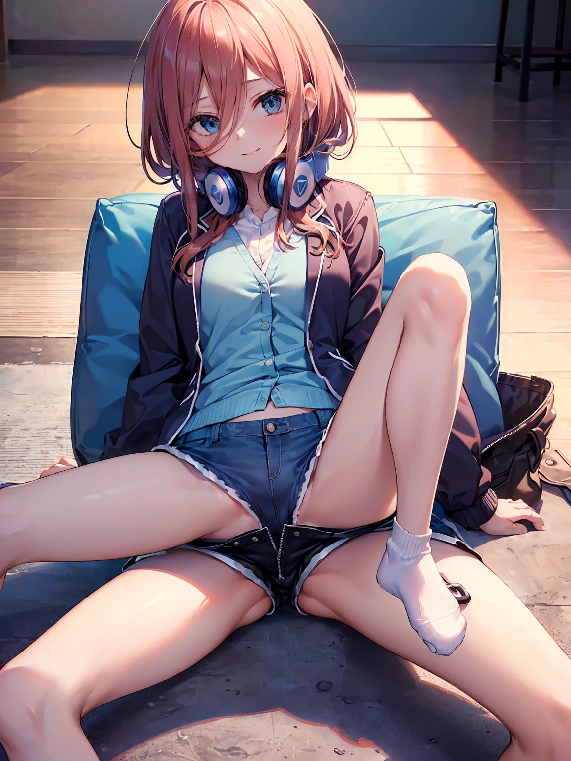 (8K, Highest quality, Highest quality, masterpiece), sit on the floor, (denim hot shorts), (mini shorts 1:2), big breasts, ((spread legs 1:2)), (open shorts), (pussy_peek), nm1, headphones around neck, long sleeves, blue cardigan, (fullbody), smile, school uniform, open jacket