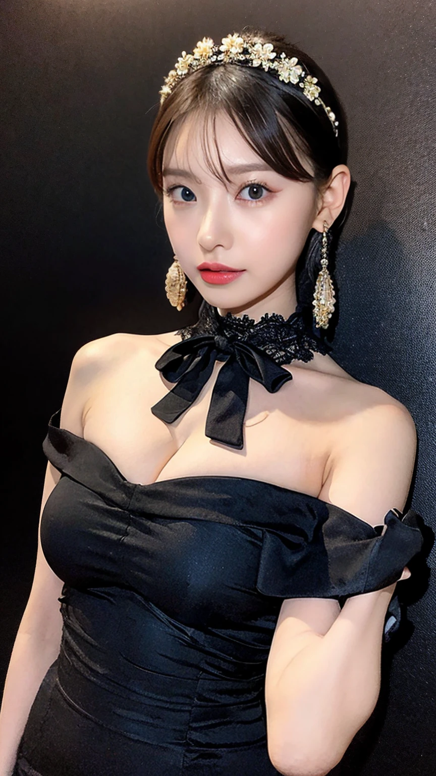 Yor Briar, Beautiful woman in anime style, One girl,((Large Breasts:1.3)),whole body, Happy, 笑face, red face, Mouth closed, Beautiful attention to detail, Highly detailed skin, Backlight, Bare shoulders, Black background, black dress, black gloves, Black Hair, chest, dress, Earrings, fingerless gloves, Floating Hair, flower柄プリント, flower, gloves, gold Earrings, gold hair band, hair flower, hair ornaments, hair band, Holding, Holding arms, jewelry, large chest, Long Hair, View your viewers, off-shoulder dress, Off the shoulder,Red eyes, Long Hairの短い髪, Side Lock, alone, spike, Thighs, two-sided dress, Double-sided fabric, arms, Combat Stance , face, close, From above, Highest quality, High resolution.