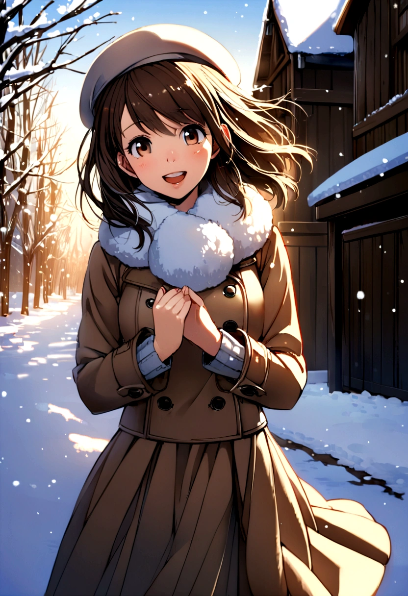 Solo Girl, 20-year-old,Medium Hair, Dark brown hair, Brown eyes, Mid-chest, Happy,pea coat,beret,Fluffy scarf,Maxi Skirt ,Outdoor, winter,snow, Highest quality, High resolution, Very detailed, Detailed Background, Perfect lighting
