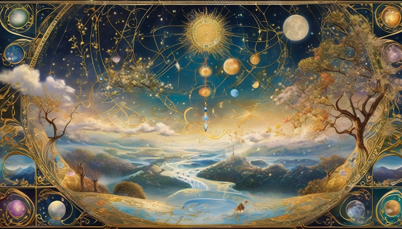 Create an image of a mystical and enchanted calendar suspended in a celestial realm. Picture a grand, ancient tome floating amidst clouds and soft beams of starlight. Its pages are made of shimmering parchment, inscribed with intricate runes and symbols that glow softly with the phases of the moon and the movement of celestial bodies. Each page represents a month, adorned with fantastical illustrations that change subtly as time passes. Surrounding the calendar, delicate vines and flowers intertwine, their petals opening and closing with the changing seasons, while gentle breezes carry whispers of future events. Generate an image that captures the magical essence of this otherworldly calendar.