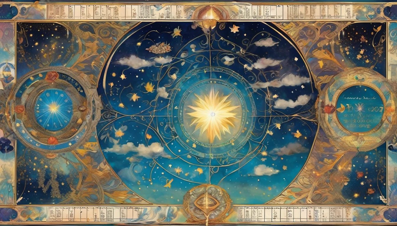 Create an image of a mystical and enchanted calendar suspended in a celestial realm. Picture a grand, ancient tome floating amidst clouds and soft beams of starlight. Its pages are made of shimmering parchment, inscribed with intricate runes and symbols that glow softly with the phases of the moon and the movement of celestial bodies. Each page represents a month, adorned with fantastical illustrations that change subtly as time passes. Surrounding the calendar, delicate vines and flowers intertwine, their petals opening and closing with the changing seasons, while gentle breezes carry whispers of future events. Generate an image that captures the magical essence of this otherworldly calendar.