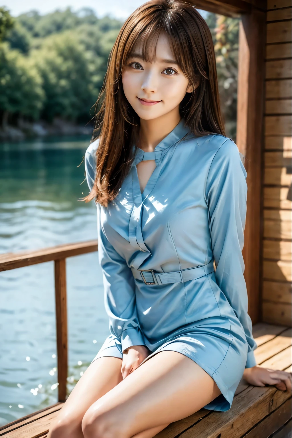 Woman sitting by the lake、Put your hands behind your back、Beauty、Well-formed face、Uniform eyes、20 years old、university student、(((Wearing a long light blue dress)))、Panties are visible between the skirt and legs、Wearing white panties、Wearing pumps、Smiling、Well-balanced proportions、Perfect blue sky、Medium build、Small face、Small Bust、View from below、, light brown hair, crossed bangs, straight hair, floating hair, seductive smile, shiny hair, expressive hair, Surrealism, Verism, cinematic lighting, tachi-e, first-person view, Nikon, UHD, anatomically correct, textured skin, high details, best quality, highres, 8k