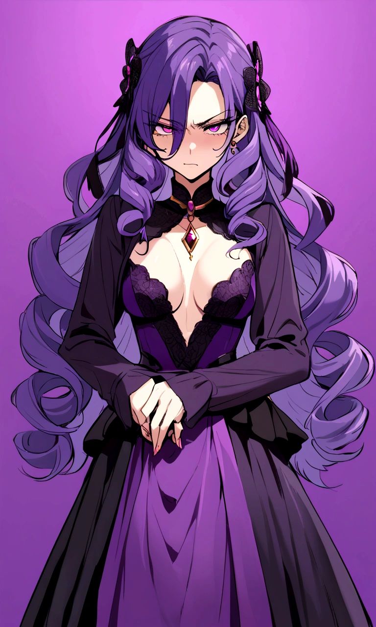 make me a female, 21 years old, purple long curly hair, pink eyes, revealing black and purple outfit, grumpy face