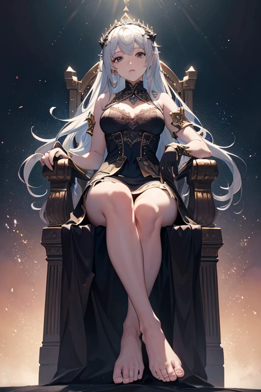 ((masterpiece, Highest quality, High resolution)), ((Highly detailed CG integrated 8K wallpaper)), (Huge and stunning goddess shot, Very hot and sexy, Incredible beauty, Perfect proportions, Beautiful body, Slim body beauty:1.1), The Young Queen on the Iron Throne, The Iron Throne in Flames, A beautiful face that shows determination, Braided silver hair, A black crown on her head, Black Dress, Sitting cross-legged, Bare shoulders, Lace gloves, Barefoot, Majestic light particles in the air, A scene from a movie, Solemn atmosphere, View from below,