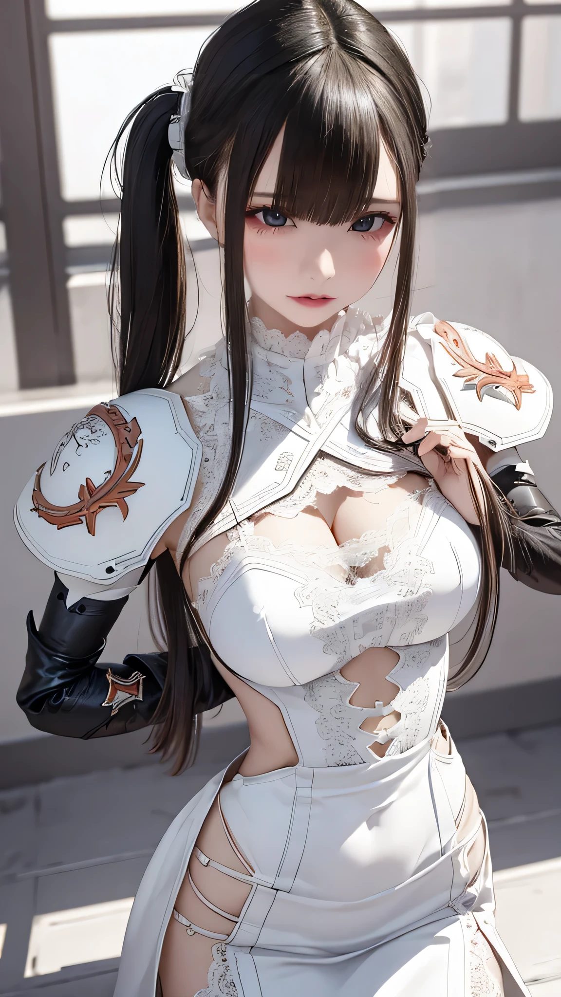(dynamic fighting pose),(leather boots,(asymmetrical mecha armor),(long embroidered white lace dress,see through,lift up the hem of the dress)),(random hairstyle),(Thin type:1.8),(large breasts),(Highest image quality,(8K), Ultra-realistic, Best Quality, High quality, High Definition, high quality texture, high detailing, Beautiful detailed, fine detailed, extremely details CG, Detailed texture, realistic representation of face, masterpiece, presence)