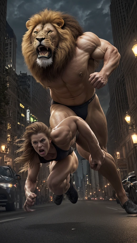 An ultra-realistic, high-resolution image of a muscular giant lion roaring ferociously while chasing a terrified woman through a bustling city street. The lion's powerful muscles are tensed and its mane is flowing, while the woman is running frantically, looking back in fear. The city background features tall buildings, streetlights, and a few onlookers in shock, with dramatic lighting and shadows enhancing the scene
