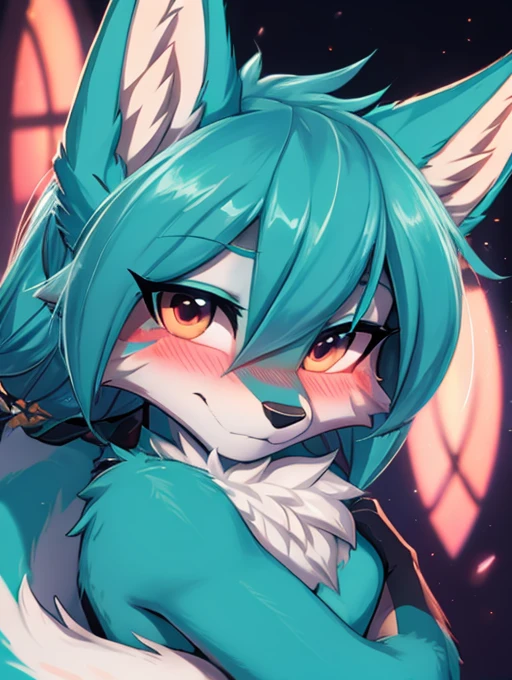 Miku Hatsune x vixen, closeup high definition, hug his furry tail, blushing face high definition, half body add_detail:1 