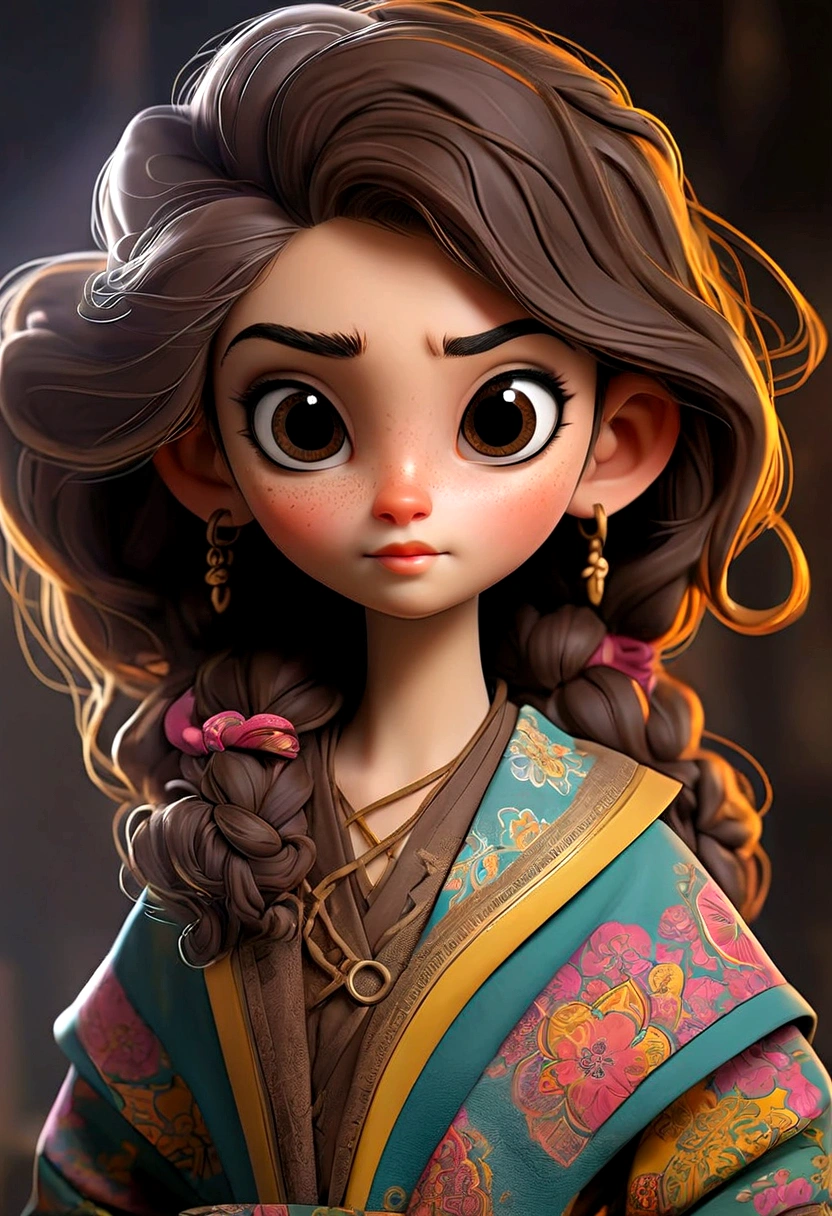 luna, a girl, and she is 157cm tall, her hair is curly and brown that fall just above her shoulders often tied up in a pony tail with a few stray strands framing her face, her eyes are big, bright, round, she has a warm golden brown complexion, her face is heart shaped whit high cheek bones and pointed chin, she often wears colorful outfits with pattern and texture that reflect her artistic personality, she is always with a pair of goggles, perched on her forehead