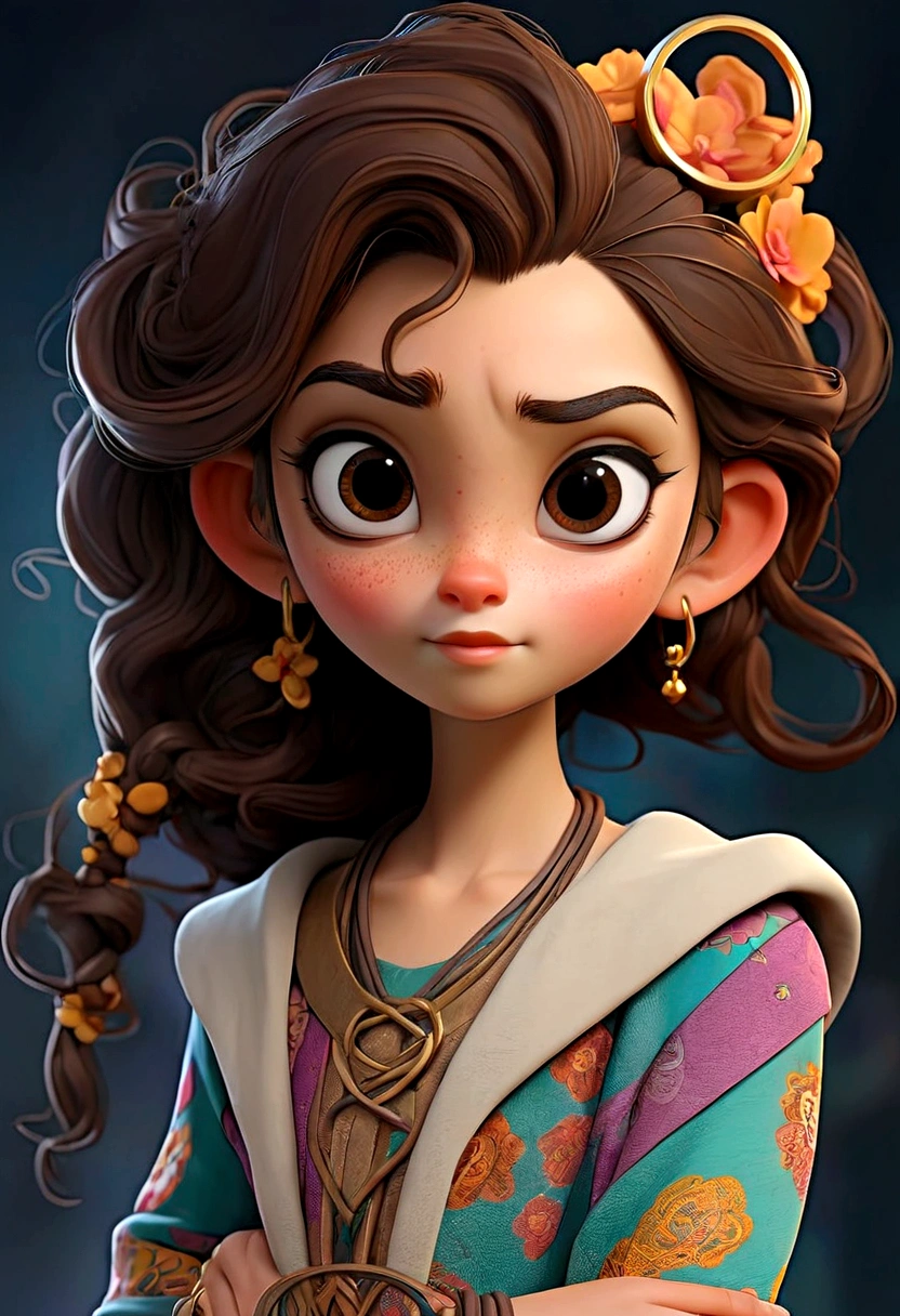 luna, a  girl, and she is 157cm tall, her hair is curly and brown that fall just above her shoulders often tied up in a pony tail with a few stray strands framing her face, her eyes are big, bright, round, she has a warm golden brown complexion, her face is heart shaped whit high cheek bones and pointed chin, she often wears colorful outfits with pattern and texture that reflect her artistic personality, she is always with a pair of goggles, perched on her forehead