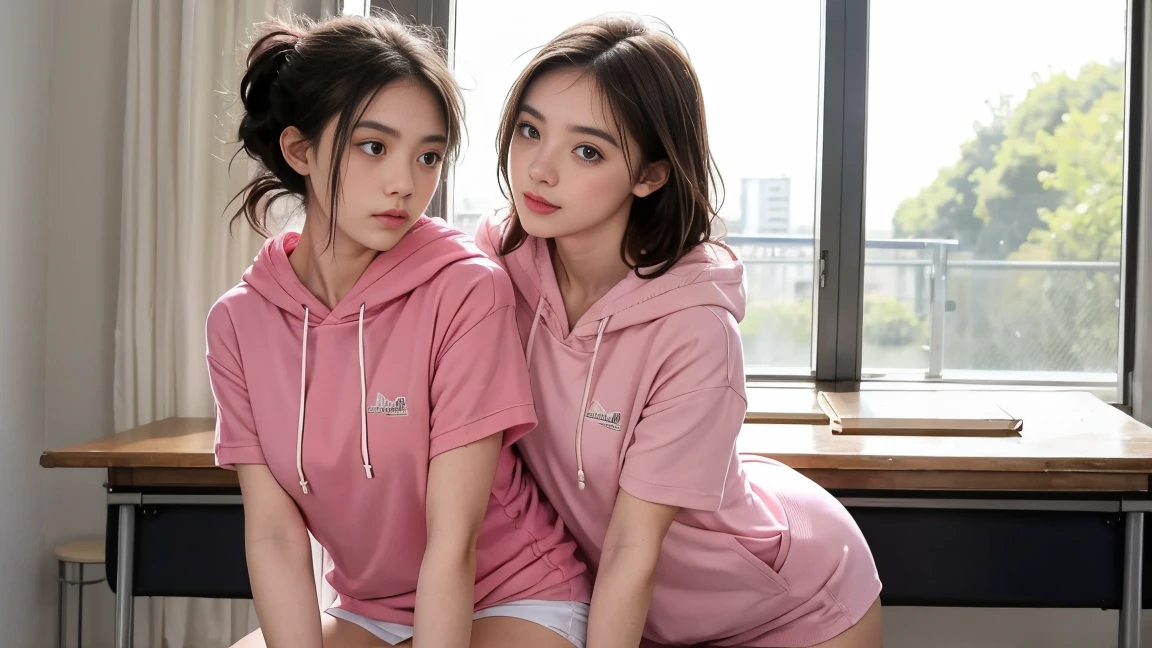 deux femmes ensemble de 18 ans sexy et mince , pink short sleeve hoodie , salle de classe, se touche,position sey,sensuel