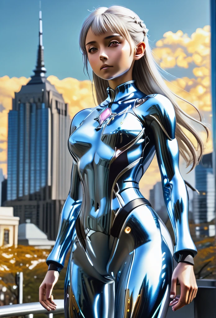 1girl, solo, realistic style, 4k quality, masterpiece, best quality, ultra series, sword art online, ****ta, , yui, long hair, blunt bangs, white hair, very long hair, high ponytail, pointy ears, elf, barefoot, ultragirl, robot, colored skin, glowing eyes, yellow eyes, flat chest, giantess, giant, metallic face, metallic skin, shiny skin, chrome skin, gem on chest, colour timer on chest, chest jewel, blue jewel, muscular, abs, muscular female, Female Bodybuilding Style, ultra beam ( a cross-shape or an L-shape with your arms and firing a beam from your upright arm), thick_thighs, looking at viewer, full body, serious face, closed mouth, standing, giantess, outdoor, city, citycape, skyscraper