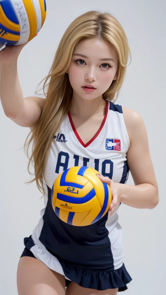 (((forehead、Blonde、Northern Europe、White people、beautiful girl、Blonde、White background、Volleyball Player)))、table top, highest quality, figure, super detailed, finely, High resolution, 8k wallpaper, Perfect dynamic composition, detailed and beautiful eyes, Deco out,bionde, medium hair, super big breasts, Natural color lip,white background, random cute poses,frill dress