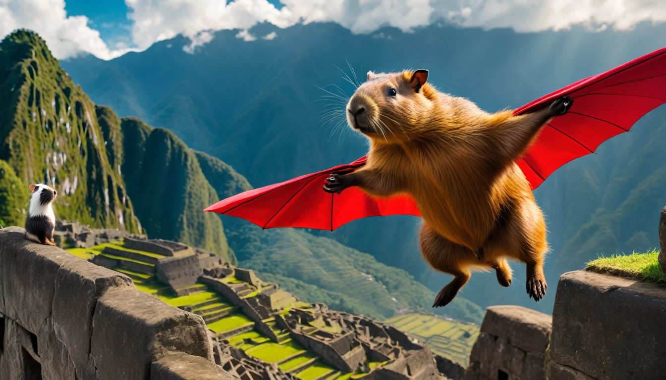 photo of a flying superhero capybara in red cape fetching flying guinea pigs mid air above Machu Picchu, highly detailed, cinematic lighting, dramatic composition, 4k, masterpiece, flying