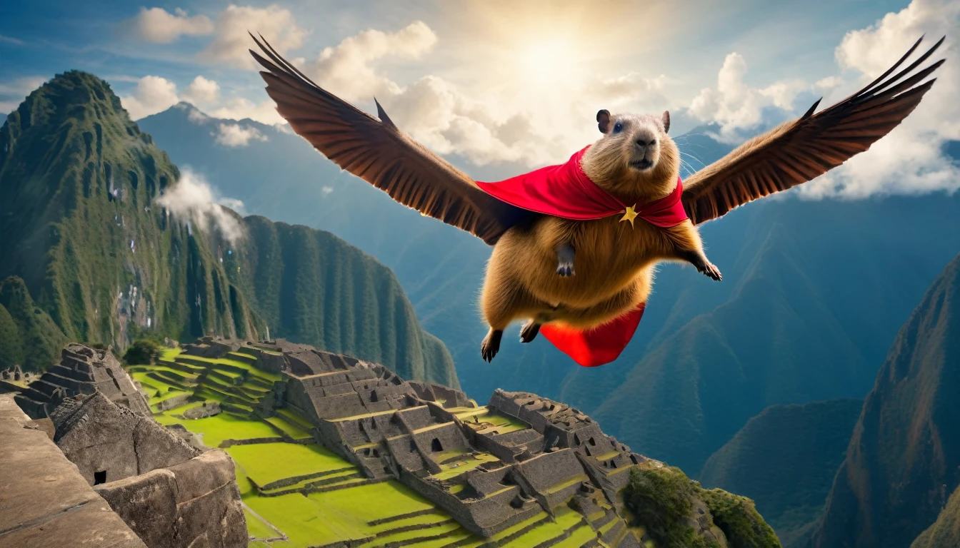 photo of a flying superhero capybara in red cape fetching flying guinea pigs mid air above Machu Picchu, highly detailed, cinematic lighting, dramatic composition, 4k, masterpiece, flying