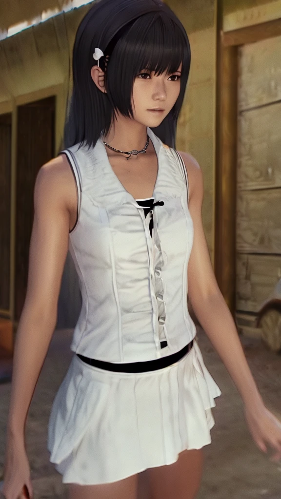cxshenyu, 1 Girl, Solitary, sleeveless, Necklace, Looking at the audience, shirt, sleeveless shirt, Bare shoulders, white shirt, Black skirt, Practical, black Necklace, Brown hair, Shut up, Practical,masterpiece,best quality