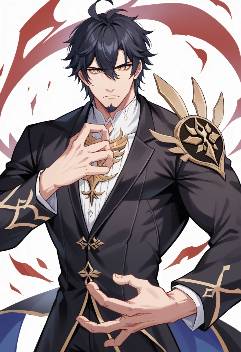 Simple white background, muscular male character Genshin Impact, unique character, serious look, , black suite, short black hair without bangs, goatee, visual novel, detailed black suit, high quality, cinematic, dramatic pose, intricate details, colors vibrant, masterpiece, Genshin Impact, perfect hands