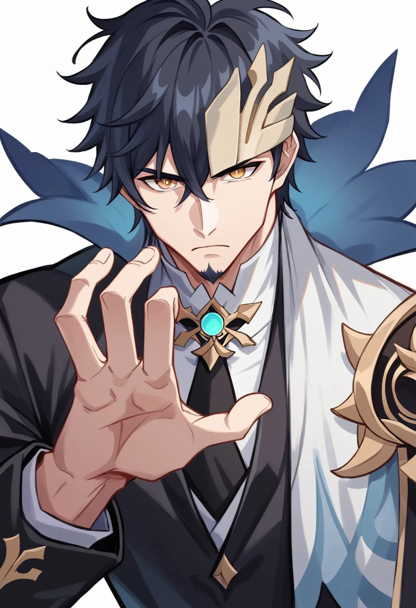 Simple white background, muscular male character Genshin Impact, unique character, serious look, , black suite, short black hair without bangs, goatee, visual novel, detailed black suit, high quality, cinematic, dramatic pose, intricate details, colors vibrant, masterpiece, Genshin Impact, perfect hands