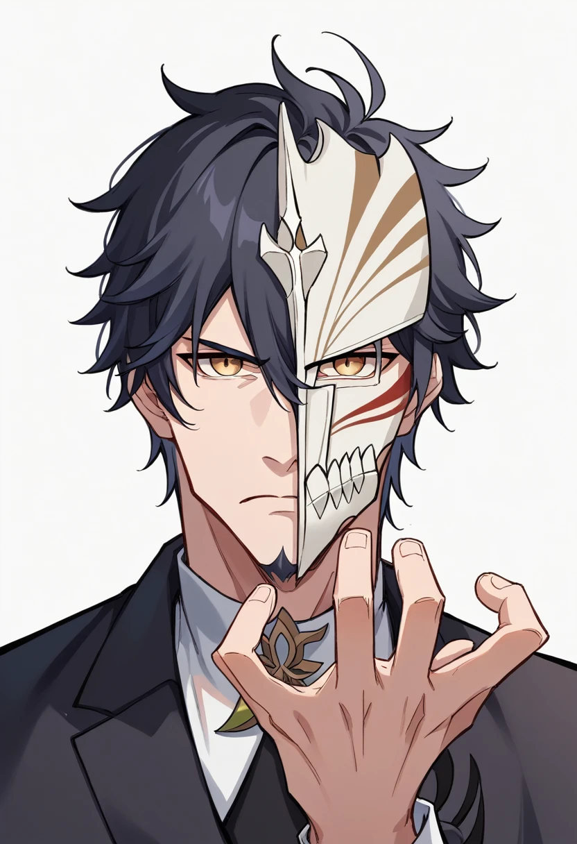 Simple white background, muscular male character Genshin Impact, unique character, serious look, , black suite, short black hair without bangs, goatee, visual novel, detailed black suit, high quality, cinematic, dramatic pose, intricate details, colors vibrant, masterpiece, Genshin Impact, perfect hands