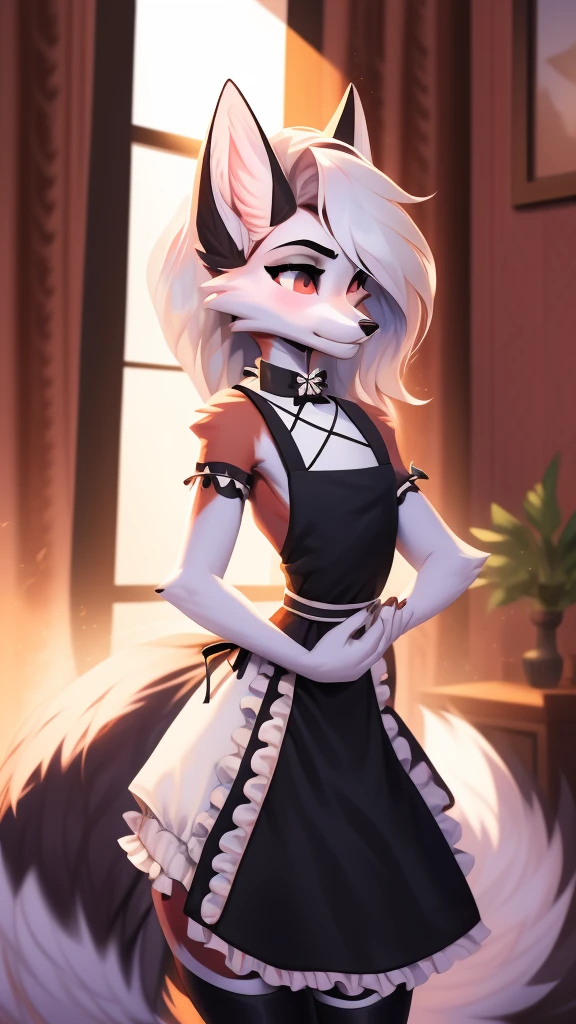 Best quality, Super detailed illustration, warm colors, perfect lighting, perfect detail, ( boy Fluffy fox:1.4) , feminine face and body, disheveled thick hair, maid clothes, confused look, femboy, small waist, wide hips, slim, perfect body, DND style