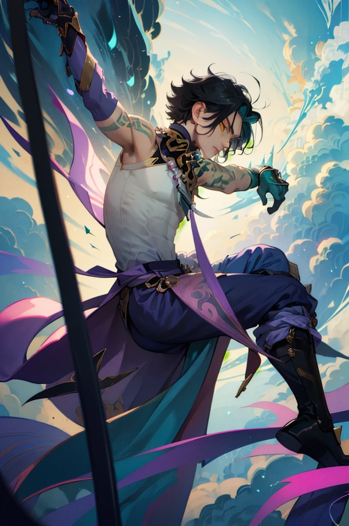 1 adult male solo,xiao \(genshin impact\), 1boy, male focus, short dark teal hair, yellow eyes, white sleeveless shirt, necklace, green tattoo on arm, detached white sleeve, black gloves, wide blue pants, black boots, pink and purple clothes details, black shoulder armor with spikes,