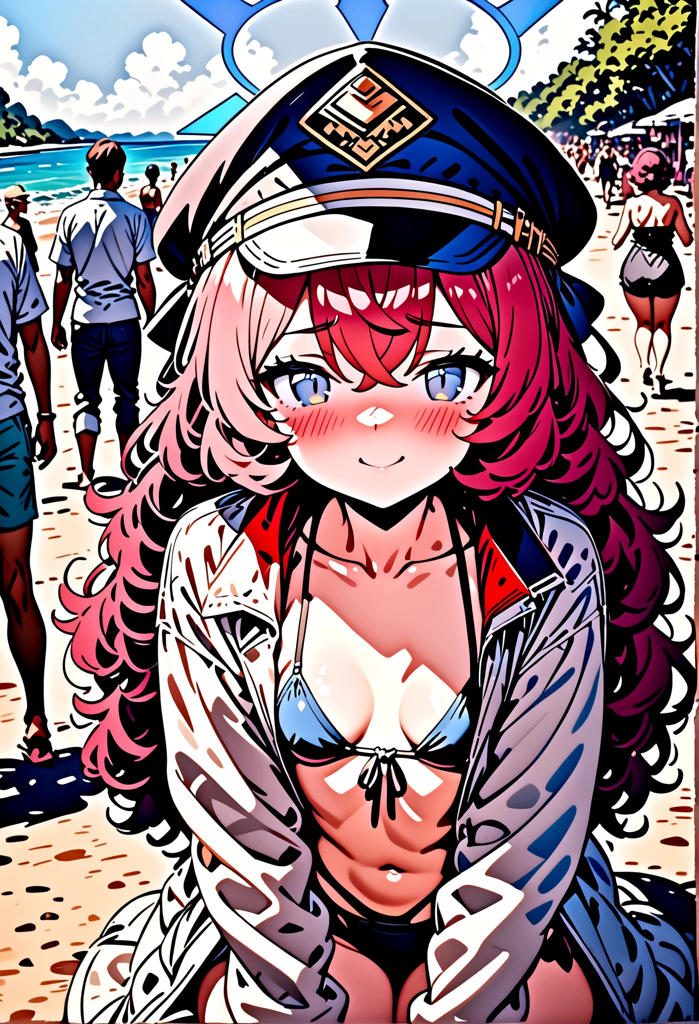 masterpiece, best quality, very aesthetic, absurdres, newest, ai-generated, intricate, 1girl, iroha \(blue archive\), blue archive, red hair, long hair, gray eyes, halo, small breasts, , bikini, hat, (blushing), shy, smile, looking at viewer, front view, beach, ocean, people in the background, sitting, perfect, beautiful,
