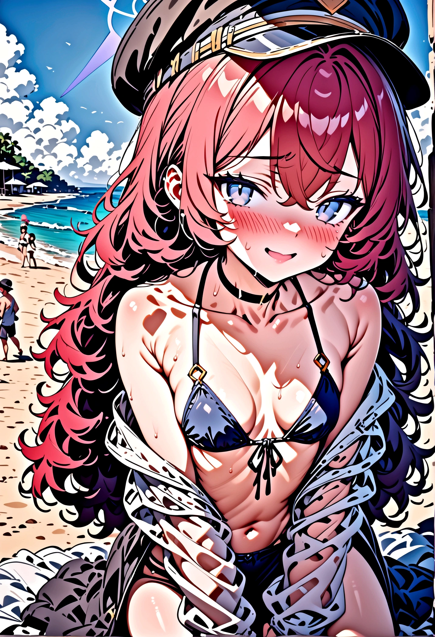 masterpiece, best quality, very aesthetic, absurdres, newest, ai-generated, intricate, 1girl, iroha \(blue archive\), blue archive, red hair, long hair, gray eyes, halo, small ???????, , ??????, hat, (blushing), shy, smile, looking at viewer, front view, beach, ocean, people in the background, sitting, perfect, beautiful,