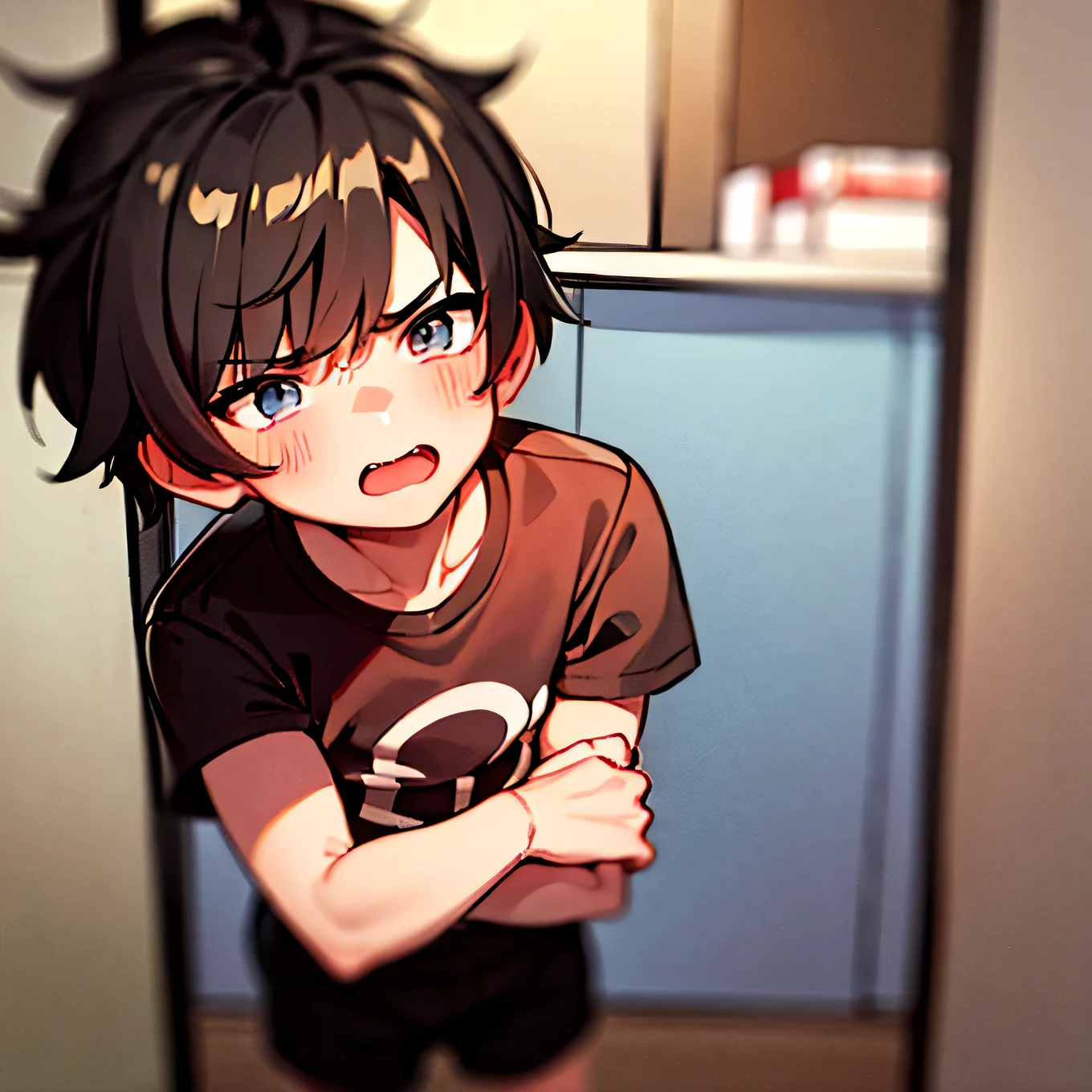 JUST a one boy. Cute and soft little boy with messy hair, boy with really short hair, light brown hair, gray eyes, red sweatshirt and black shorts. He is a very angry and shy boy.