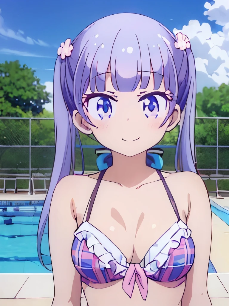 ((masterpiece)), ((best quality)), (ultra-detailed), anime style, pool, a cute girl, 1girl, solo, ((beautiful eyes)), smile, bikini00,