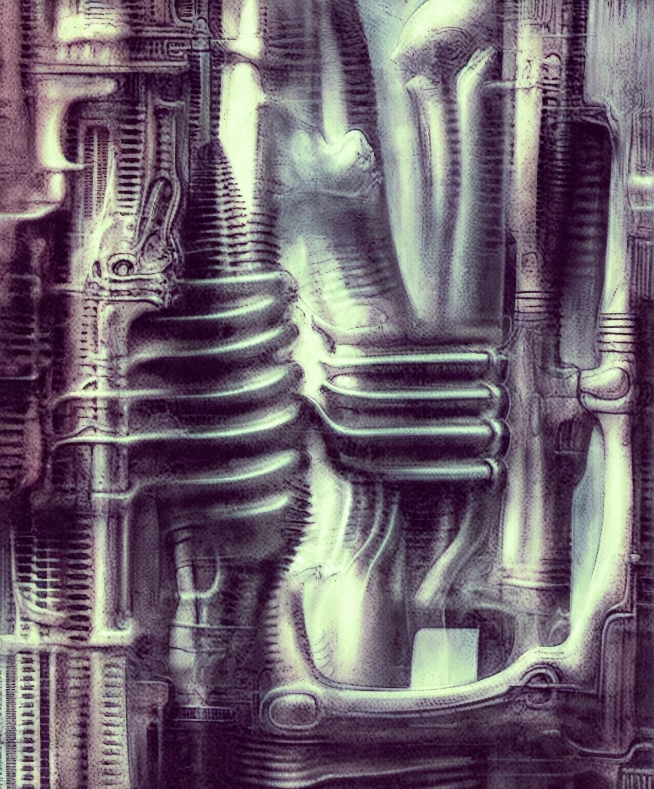 g1g3r, Giger_style, The image is a detailed view of H.R. Giger's \" Li II \" plate, featuring a complex network of bones and organs in a purple-brown hue ,swirling gray and brown colorsgroup of three alien figures positioned in the foreground.  Emaciated and skeletal, with hollow eyes, they appear to be constructed from bone and  metallic  elements,  a  characteristic  fusion  of  organic  and  mechanical  forms  found  in  Giger's  biomechanical  art.  
 The image features a robotic humanoid figure with intricate mechanical details, standing in a room with a glowing screen displaying the word \"EVE\" and a hand reaching out to touch its face.  The background is a dark and  limited  space  painted  in  a  uniform  blue-green color.  This  lack  of  detail  keeps  the  focus  on  the  figures  and  creates  a  sense  of  mystery  about  their  environment.  Receding into the distance  are  a  series  of  arches  and  tunnels  that  hint  at  a  larger  biomechanical  landscape,  possibly  the  work  of  the  creatures  themselves The artwork is silver and purplish brown, with an ivory bones prominently displayed. The image is highly detailed and intricate, almost like a 3d version of a medical diagram (detailed view of an anatomy model, possibly of a human body, with transparent organs and bones exposed). The piece has a thick mechano-organic texture and is covered in fine details. The image has a swirling, organic quality to it. The artistic manner would be unmistakably Gigeresque. A dark and unsettling beauty would permeate the piece, blurring the lines between fascination and repulsion , forever haunted by the grotesque allure. Giger's signature artistic manner would be evident in every stroke. The airbrush would be wielded with masterful precision to create a hyperrealistic yet nightmarish aesthetic.., ooze soaked pajama top
