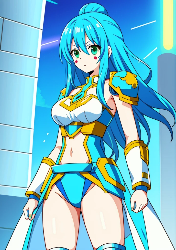 Create a dynamic anime character inspired by cyberpunk style. The character should be a young, brave warrior with neon hair, wearing futuristic armor with built-in technological gadgets. She holds an energy sword in one hand and a holographic shield in the other. Add details such as cybernetic tattoos, metallic accents on the armor, and an intense, determined expression. Ensure the background is easy to remove so the character can be used as a sticker.