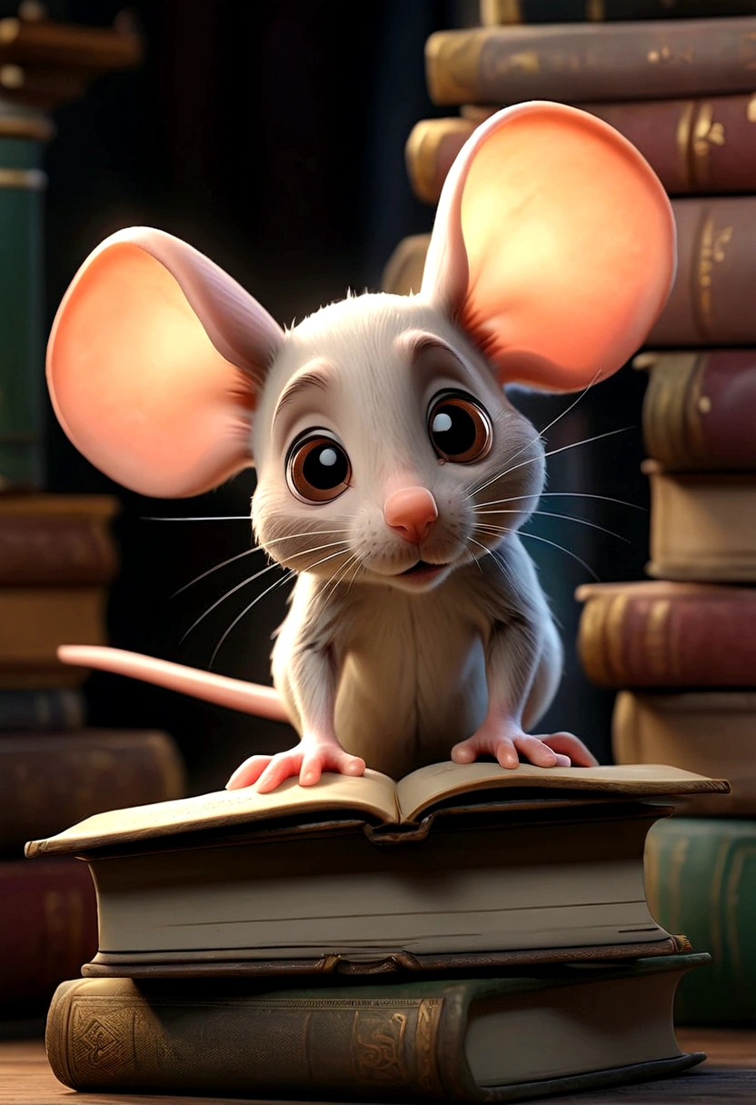 Squeaky, the small mouse with oversized ears and a twitchy nose, peeks mischievously from behind a stack of old books nearby.