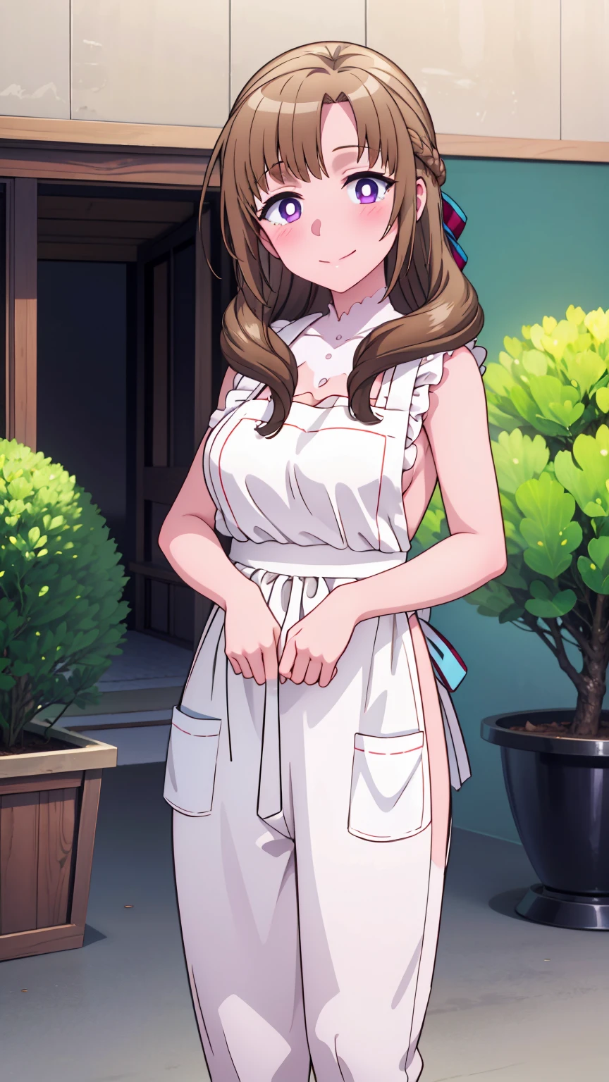 masterpiece, (best quality), 8k uhd, girl, (mamako oosuki), brown hair, long hair, (hair down), purple eyes, mature female, white shirt, pants, sweater, big breasts, ribbon, sexy woman, smile, (suspender naked apron), embarrassed, blush,  bare shoulders, vibrant colors , natural lighting, beautiful, (detailed face:1.2), showcase, (perfect eyes:1.1) ,(photorealistic:1.1),  looking at viewer, outdoors