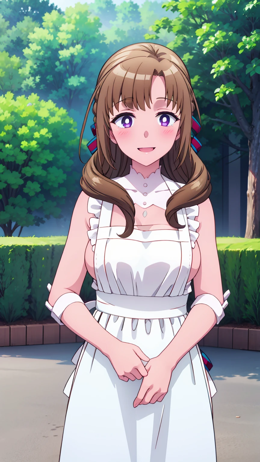 masterpiece, (best quality), 8k uhd, girl, (mamako oosuki), brown hair, long hair, (hair down), purple eyes, mature female, white shirt, pants, sweater, big breasts, ribbon, sexy woman, smile, (suspender naked apron), embarrassed, blush, bare shoulders, vibrant colors , natural lighting, beautiful, (detailed face:1.2), showcase, (perfect eyes:1.1) ,(photorealistic:1.1), looking at viewer, outdoors