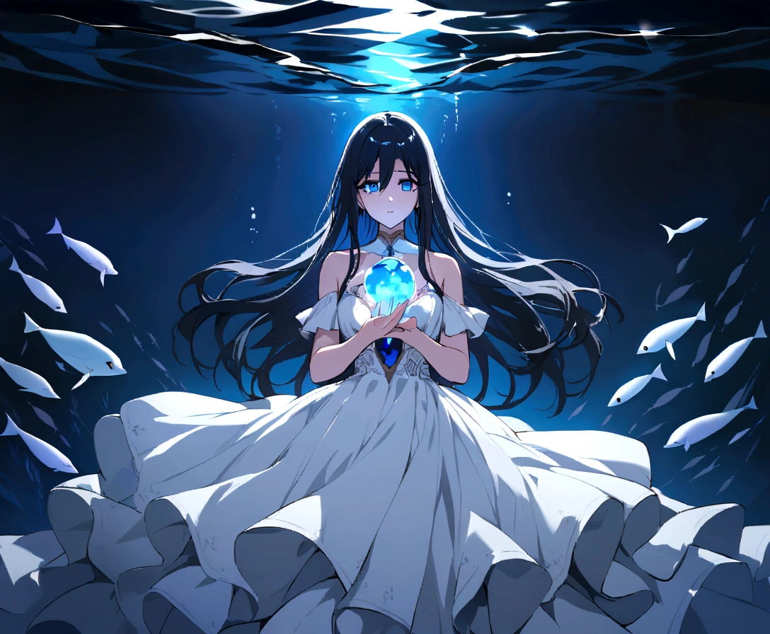 make me a female, black long hair, blue eyes, white dress, she's underwater, everything is dark, she has a little light in her hands