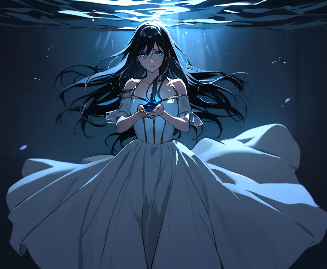 make me a female, black long hair, blue eyes, white dress, she's underwater, everything is dark, she has a little light in her hands