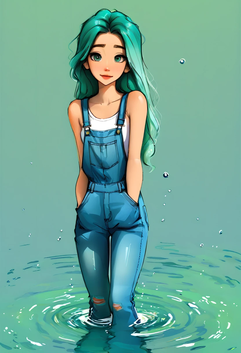 Full-length portrait of a woman in denim overalls, long hair, Water green hair, blue colored eyes, White background, webtoon style