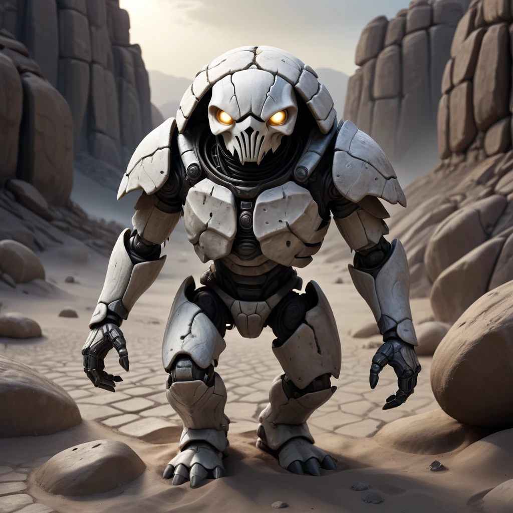 (best quality,4k,8k,highres,masterpiece:1.2),ultra-detailed,(realistic,photorealistic,photo-realistic:1.37), white stone scarab golem in the desert, illustration,[dark and gritty atmosphere], detailed debris, cobble walls, glowing eyes of the insect, fantasy style, cracked white stone, lights reflecting on the scarab, cold palette, low-key lighting