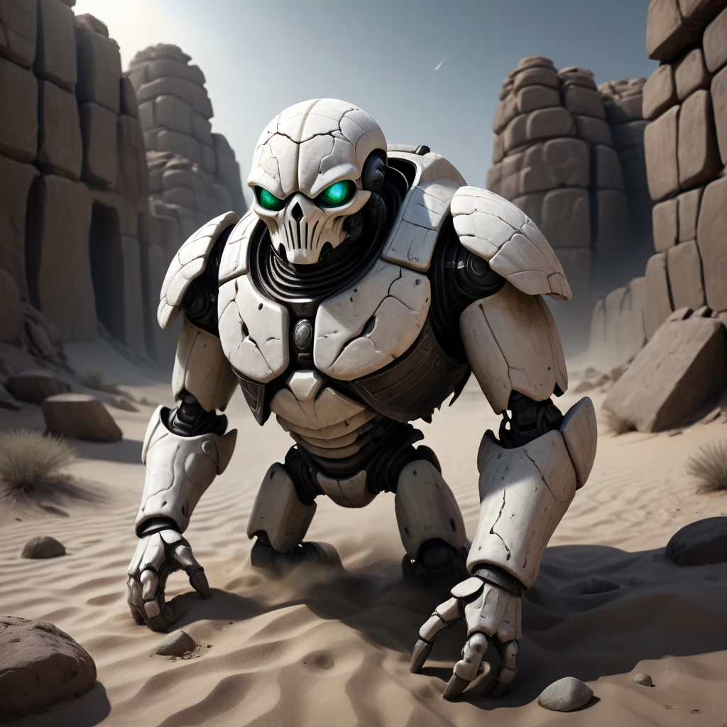 (best quality,4k,8k,highres,masterpiece:1.2),ultra-detailed,(realistic,photorealistic,photo-realistic:1.37), white stone scarab golem in the desert, illustration,[dark and gritty atmosphere], detailed debris, cobble walls, glowing eyes of the insect, fantasy style, cracked white stone, lights reflecting on the scarab, cold palette, low-key lighting