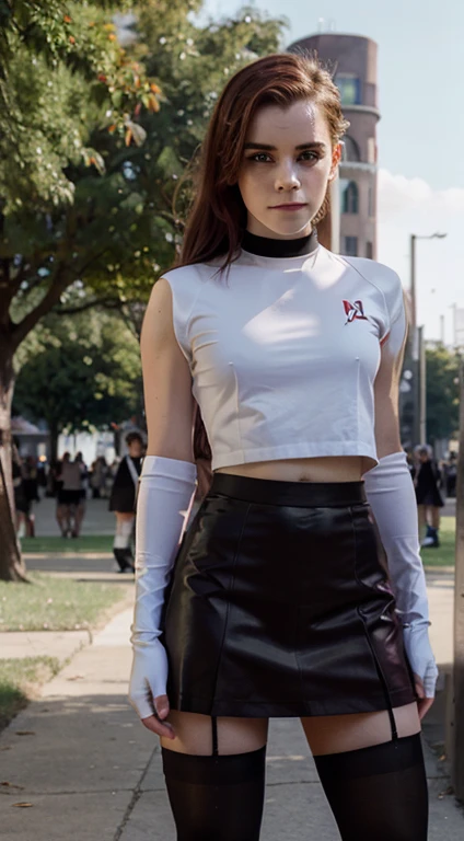 Emma Watson, wearing team rocket,team rocket uniform,white skirt,red letter R,crop top,black thigh-highs,black elbow gloves, PURPLE PANTYHOSE, full body, sun light park